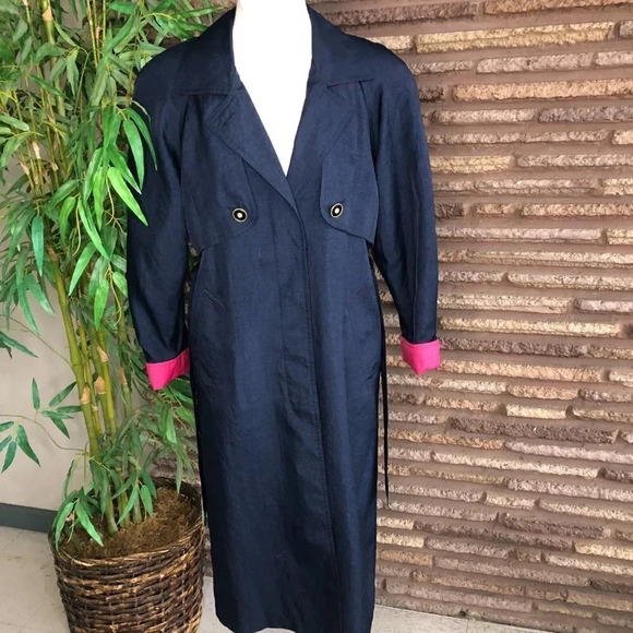 Neiman Marcus Navy Blue with Hot Pink Accents Trench Coat Raincoat - Picture 4 of 8